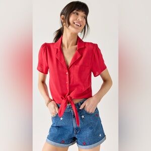 New Francesca’s Red Tie Front Button Down Cropped Top  Blouse